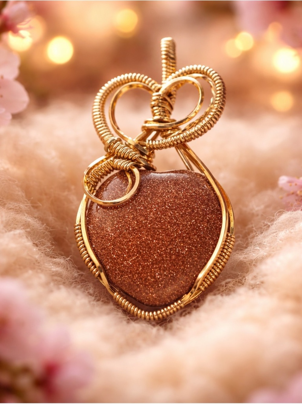 Gold Wire-Wrapped Heart Goldstone Pendant with Brown Gold sparkles